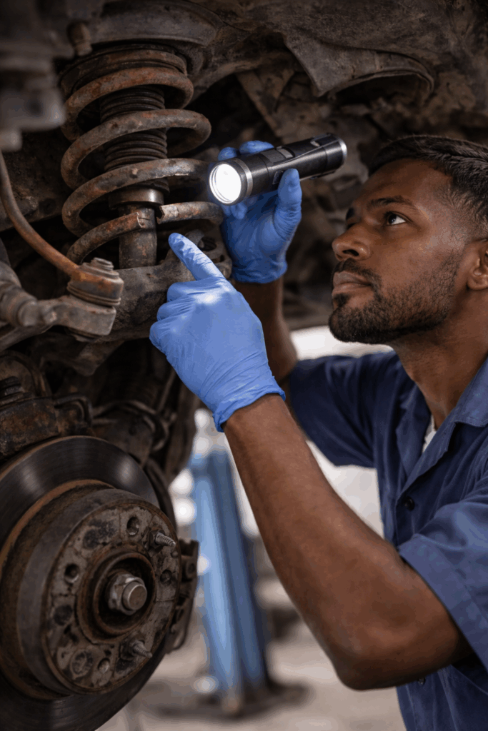 Car mechanic inspecting suspension parts in Nigeria