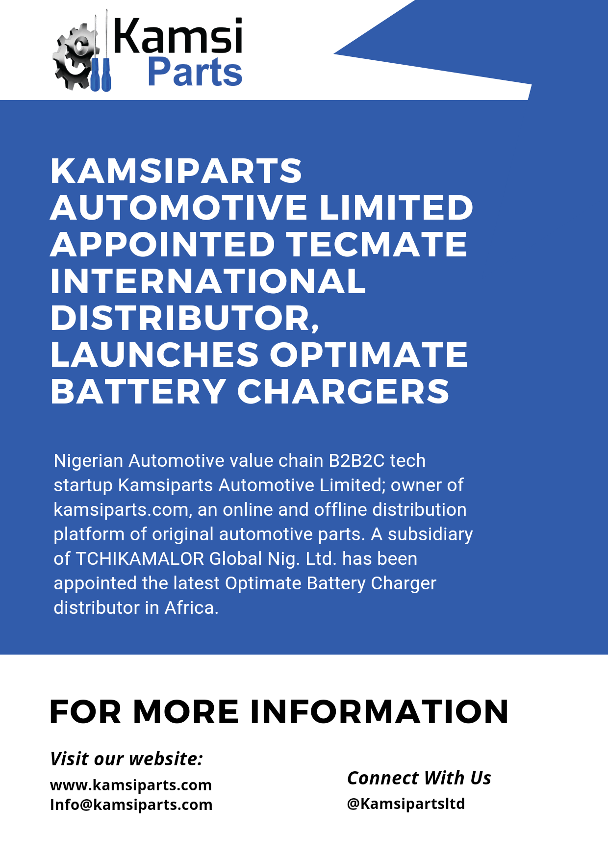 Kamsiparts Automotive Limited appointed Tecmate International distributor, launches Optimate Battery Chargers