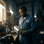 mechanic holding catalytic converter ready for replacement